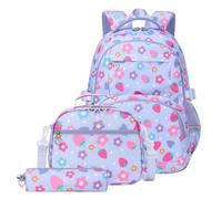 3 pcs Scolaires Sac à Dos avec boîte à Lunch à la Mode pour Filles (Violet)
