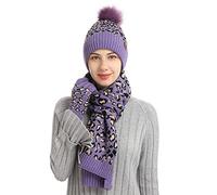 3 Pcs/Set Mode Imprimé léopard Femmes Bonnet Écharpe et Gants à Ecran Tactile Chapeau Tricoté Hiver Chaud Épaisse Polaire Doublure Sports de Plein Air Cadeau de Noël (Violet)