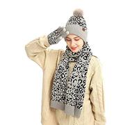 3 Pcs/Set Mode Imprimé léopard Femmes Bonnet Écharpe et Gants à Ecran Tactile Chapeau Tricoté Hiver Chaud Épaisse Polaire Doublure Sports de Plein Air Cadeau de Noël (Gris)