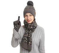 3 Pcs/Set Mode Imprimé léopard Femmes Bonnet Écharpe et Gants à Ecran Tactile Chapeau Tricoté Hiver Chaud Épaisse Polaire Doublure Sports de Plein Air Cadeau de Noël (Gris foncé)