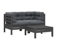 3-Piece Outdoor Patio Furniture Set with Cushions, Solid Pine Wood Garden Sofa Set in Gray, Modular Corner Sectional with Footrest Table, Water-Resistant Polyester Cushions for Balcony Terrace