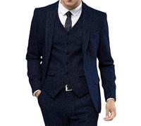 3 Piece Suit Men Retro Tweed Tuxedos Dress Wedding Prom Suits 3 Piece Peak Lapel Dress Jacket Vest Pants Dark Blue 4X Large