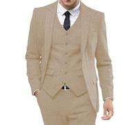 3 Piece Suit Men Retro Tweed Tuxedos Dress Wedding Prom Suits 3 Piece Peak Lapel Dress Jacket Vest Pants Khaki Small