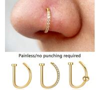 3 pièces/2 pièces/1 pièce Faux anneau de nez percé pour femme en forme de D doré incrusté de pierres de qualité 5A. Faux anneau de lèvre percé, anneau de septum non perforé. Clip de nez en acier inoxy