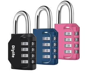 [3 Pièces] 4-Digit Cadenas à Combinaison, Diyife Serrure Combinée Imperméabiliser, Métal étanche et Fermoir Combiné en Acier Plaqué, pour L'école, Casiers, Gym (Noir, Bleu Marine, Rose)