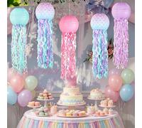 3 pièces/4 pièces/5 pièces Lanternes en papier en forme de méduse bleue suspendues, convenant pour une fête à thème sirène, décoration d'anniversaire océanique sous-marine, décoration de guirlande de 