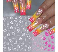 3 pièces Autocollants d'ongles d'hibiscus d'été, vignes de fleurs hawaïennes de conception simple, autocollants d'art d'ongle autoadhésifs blancs roses, fournitures de manucure DIY de décoration de ma
