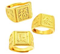 3 Pièces Bague Homme Plaqué Or,Bague Taille Ouverte,Lot de Réglable Chevalière Bague Kanji, Riche Fortuna Richesse Doré Plaqué Bague, l'or Bénissent Tous, Anneau de Pouce Ouvert Alliance