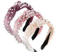 3 Pièces Bandeau de Perles Bandeau Large en Velours Perle Chapeaux Vintage Twisted pour Fille Femme Cheveux Accessoires (Beige, rose, mauve pâle)