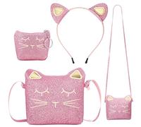 3 Pièces Bandeau Porte-Monnaie Sac à Bandoulière de Chat Fille, Sac à Main Mignon Sac à Main Chat avec Mini Porte-Monnaie et Bandeau Chat pour Anniversaire (Rose Pailleté)