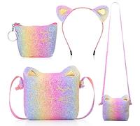 3 Pièces Bandeau Porte-Monnaie Sac à Bandoulière de Chat, Sac à Main Mignon Sac à Main Chat avec Mini Porte-Monnaie et Bandeau Chat pour Anniversaire (Couleur Arc-en-Ciel Pailleté)