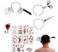 3 Pièces Bandeaux Effrayants pour Halloween+Aocollants de Tatouage de Cicatrice,Bandeau D'Horreur Halloween,Bandeau effrayant d'Halloween,Décoration de Bandeau Halloween,Serre Tête Halloween