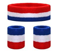 3 Pièces Bandes de Transpiration Set, Ensemble de Bandeau, Sports Bandeau Poignet, Humidité Mèche Sweat Head Band, Bandeaux Anti-Transpiration pour Entraînement de Gym et Yoga (Rouge Blanc Bleu)