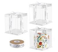 3 Pièces Boîte à Gâteaux Transparente (avec Base et Ruban), 21cm*21cm*25cm Boîte à Gâteau Transparente, 6 Pouces Boîte à Gateaux avec Couvercle pour Gâteau aux Fruits, Desserts, Cadeaux