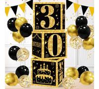3 pièces Boîte de décoration de fond pour fête d'anniversaire 27 cm noir et or "Happy Birthday", décorations murales pour salle de fête de 30e anniversaire, boîte remplie de ballons noir et or, Noël o