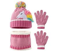 3 Pièces Bonnet Echarpe et Gants Ensemble pour Enfant, Chapeau Tricoté d'hiver Chaud avec Motif Licorne et Pompon, Tour de Cou Enfant avec Doublure, Hiver Accessoires Set pour Fille 3-6 Ans (Rose 1)