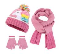 3 Pièces Bonnet Echarpe et Gants Ensemble pour Enfant, Chapeau Tricoté d'hiver Chaud avec Motif Licorne et Pompon, Hiver Accessoires Set pour Fille 3-6 Ans