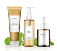 3 Pièces Centella Skincare Kit, Centella Cleansing Oil, Centella Nettoyant Visage, Centella Serum, Hydratant, Rétrécissant les Pores, Convient à Tous les Types de Peau