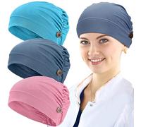 3 Pièces Chapeau Bouffant avec Boutons Bandeau Turban Doux Extensible Unisexe avec Boutons Support d'Oreille pour Protection d’Oreilles (Bleu Lac, Rose Foncé, Bleu)