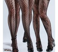 3 pièces Collants gothiques noirs sexy avec filet pour femmes, collants rayés de grande taille haute et élastique, style Y2K, conviennent aux fêtes et au port quotidien Taille UniqueGéométriqueÉtoffe
