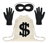 3 Pièces Costume de Voleur de Banque, Contient Gant Noir Halloween, Masque Voleur Banque, Sac D'argent Bandit, Costume de Carnaval, pour Jeux de Rôle d'Halloween, Soirées à Thème de Cambriolage (B)