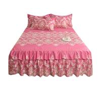 3 Pièces Coton Lavé Jupe À Volants en Dentelle Queen 38cm/15in Draps Couvre-lit Matelassé en Coton Tour De Lit Enveloppante Literie Et Taies d'oreiller(A,King XL-180 * 220)