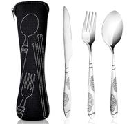 3 Pièces Couverts de Camping en Acier Inoxydable, Ensemble Transportable Avec Sac en Néoprène - Idéal pour les Voyages et le Camping