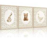 3 pièces d'art mural pour chambre d'enfant sans cadre - Mignons animaux - Oie et lapin - Ours - Peinture - Décoration murale rose - Impression rétro - Animaux - Affiche imprimée - Oeuvre d'art pour