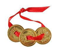 3 Pièces de Monnaie Feng-Shui Doré Or 24 Carats/Ruban