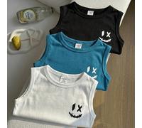 3 pièces Débardeurs pour bébés garçons, imprimés d'un visage souriant de dessin animé, décontracté, confortables, polyvalents et sportifs. Ensemble de trois couleurs, achetez-en deux, obtenez-en un gr
