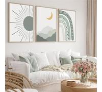 3 Pièces Des Images Murales,Peinture sur Toile Abstraite Style Bohème pour Chambre D'Enfant Décoration Murale Simple Vert Sauge Montagnes Soleil et Lune Affiche Moderne-60*70cm(24*27pouces)sans cadre