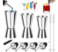 3 Pièces Doseur Cocktail 3cl 4cl 5cl, Double Tasse à Mesurer Doseur Alcool en Acier Inoxydable avec 4 Verseur Bouteille & 2 Pinceaux, Verre Doseur Cocktail Jigger pour Cuisine Bar Vin Gin Fête