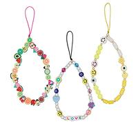 3 Pièces Dragonne de Téléphone Portable Perle Charme de téléphone Étoile du Visage Souriant en Perles avec Pendentif Anti-Perte Lanière,Bohème Perles colorées Chaîne Strap Lanière pour Femmes Filles