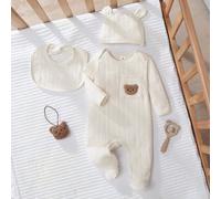 3 pièces Ensemble barboteuse à manches longues, bavoir et chapeau pour nouveau-né, en tissu jacquard tricoté avec broderie d'ours mignonne, style adorable 6-9M,0-1M,1-3M,3-6MCartoon,graphiqueÉtoffe,Ja