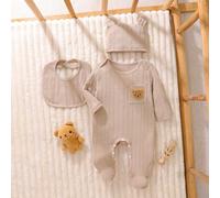 3 pièces Ensemble barboteuse à manches longues, bavoir et chapeau pour nouveau-né, en tissu jacquard tricoté avec broderie d'ours mignonne 6-9M,0-1M,1-3M,3-6MCartoonÉtoffe,Jacquard