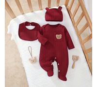 3 pièces Ensemble barboteuse à manches longues et pieds, bavoir et chapeau pour nouveau-né, en tissu jacquard tricoté avec broderie d'ours mignonne 6-9M,0-1M,1-3M,3-6MLettresÉtoffe,Jacquard