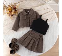 3 pièces Ensemble blazer à carreaux, débardeur et jupe pour bébé fille, style mode doux pour l'école, adapté pour l'école et l'extérieur, pour le printemps/automne 6-9M,9-12M,12-18M,18-24M,2-3YCarreau