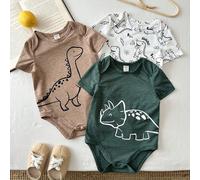 3 pièces Ensemble de barboteuse décontractée pour bébé garçon en tricot de couleur unie avec motif de dinosaure, col rond 6-9M,9-12M,12-18M,18-24M,2-3Y,3-6MLettresPolyester