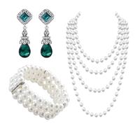 3 Pièces Ensemble de Bijoux Perles Vintage, avec Collier, Bracelet de Perles à Triple Rangée et Boucles d'Oreilles Vintage à Cristaux, Accessoires Années 1920, pour Fête, Mariage und Festival