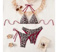 3 pièces Ensemble de bikini d'été avec Top à col ras-du-cou dos nu avec nœud + bas de bikini triangle noué + ensemble de bikini triangle, en tissu tricoté, convient pour les fêtes, la plage, impressio