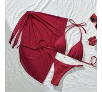 3 pièces Ensemble de bikini femme Nouveau modèle d'été en couleur unie avec décoration métallique à col ras-du-cou, robe de plage sexy Maillot de bain L,M,S,XSUnicoloreÉtoffe,Tissu en tulle