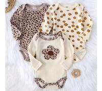 3 pièces Ensemble de body à manches longues pour nouveau-né, automne/hiver, motif floral brodé, imprimé léopard, col rond, adapté pour le port extérieur 6-9M,1-3M,3-6MPlantes,Motif texturéÉtoffe