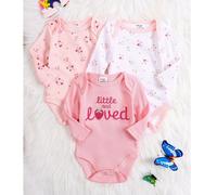 3 pièces Ensemble de body à manches longues pour nouveau-né, automne/hiver, motif floral brodé, imprimé léopard, col rond, adapté pour le port extérieur 6-9M,1-3M,3-6MLettresÉtoffe