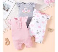 3 pièces Ensemble de body bébé fille motif cygne, ton chaud créatif, mode et polyvalent, été 6-9M,9-12M,12-18M,18-24M,3-6MÉtoffe