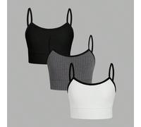 3 pièces Ensemble de camisoles à bretelles fines et rembourrées dans un style minimaliste français pour préadolescentes, respirant 8Y,9Y,10Y,11Y,12YUnicoloreCoton