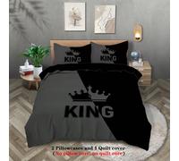 3 pièces Ensemble de literie à imprimé de motif de roi, noir et gris, à la mode, 1*Housse de couette en duvet + 2*Taie d'oreiller, Ensemble de literie en fibre de polyester, Taille King, Lit pour coup