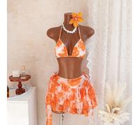 3 pièces Ensemble de maillot de bain avec Top de bikini à imprimé floral style licou, bas de bikini à nouer et jupe cache-maillot pour vacances d'été L,M,S,XSPlantes,Tout ImpriméÉtoffe,Tissu en tulle