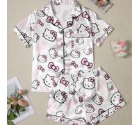 3 pièces Ensemble de pyjama en soie Hello chat, Polyester 97% Élasthanne 3%, haut à manches courtes avec col, boutons devant et nœud, poche avant en forme de personnage de dessin animé mignon avec lis