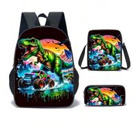 3 pièces Ensemble de sac à dos thème dinosaure noir/vert/couleurs avec boîte à lunch, trousse à crayons et sac de rangement - polyester, léger, coloris mélangés à la mode Animal,Cartoon,graphique,Lett