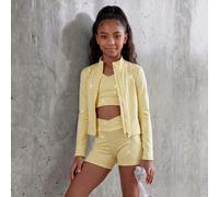 3 pièces Ensemble de sport jaune ajusté en tissu élastique pour filles préadolescentes, comprend un cardigan de sport à manches longues avec fermeture éclair, un débardeur court à col rond et un short